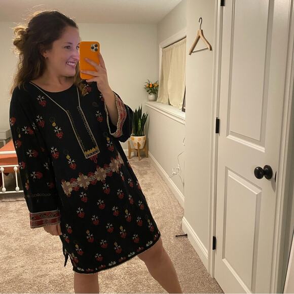 Ulla Johnson Black Red Intricate Golden Long Sleeve Mini Dress Medium - Picture 4 of 16